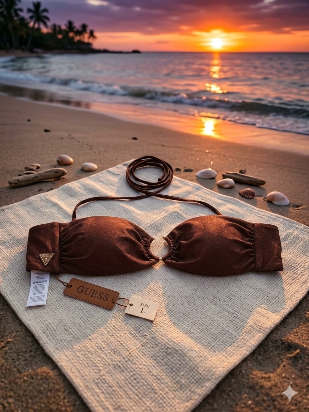 GUESS Brown Bandeau Bikini Top with Ring Accent